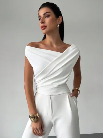 Maglietta da Donna Elegante Monospalla Senza Maniche con Pieghe Crop Top Slim Fit Minimalista Tinta Unita in Maglia Top Estivo per Pendolare