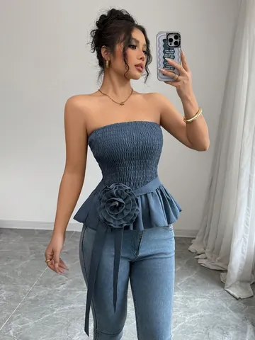 Women French Style Smocked Tube Top With 3D Floral Decoration Peplum Hem Solid Color Strapless Polyester Slim Fit Crop Top