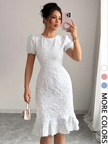 Women Elegant Floral Printed Slim Fit Midi Dress Summer Short Puff Sleeve Round Neck Pencil Dress For Office Party