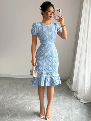 Women Elegant Floral Printed Slim Fit Midi Dress Summer Short Puff Sleeve Round Neck Pencil Dress For Office Party