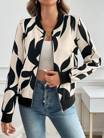 Damen Elegant Floral Blatt Bedruckt Bomberjacke Polyester Langarm Reißverschluss Vorne Casual Pendeln Oberbekleidung Top
