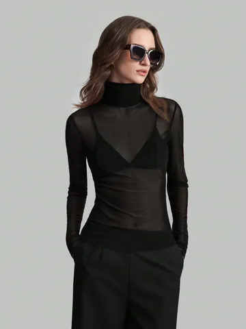 Women Slim Fit Long Sleeve Mesh T-Shirt Top Elegant Solid Color Mock Neck Polyester See-Through Base Layer Apparel