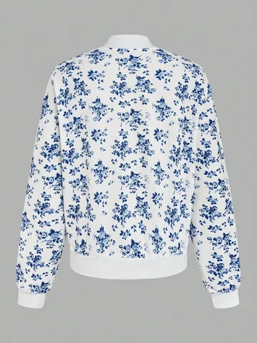 Women Floral Baseball Collar Jacket Elegant Printed Zipper Bomber Jacket Long Sleeve Casual Commute Outerwear Top