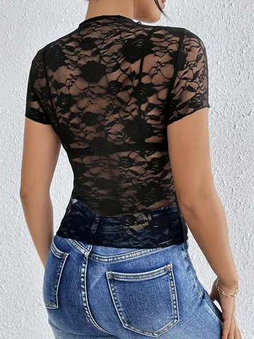 Women Sexy Sheer Floral Lace T-Shirt Mock Neck Ruffle Trim Slim Fit Short Sleeve Mesh Top Elegant Summer Blouse Party Clubwear