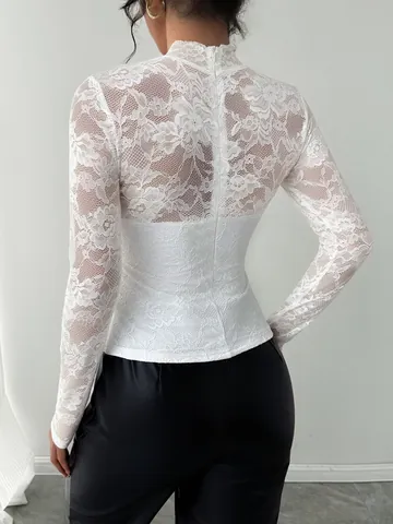 Dames Elegant Kant Patchwork Lange Mouw Slim Fit Top Hoge Hals Rits Achterkant Wit T-Shirt Voor Woon-werkverkeer Daten