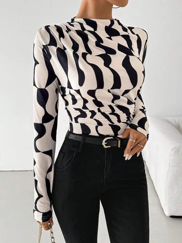 T-Shirt à Col Montant Froncé Imprimé Motif Vague Géométrique Coupe Ajustée Manches Longues pour Femmes