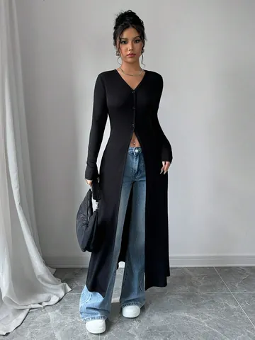 Women Long Sleeve Slim Fit Button Cardigan Ribbed Knit V-Neck Longline Top With Slit Hem Solid Color Fall Fashion Outerwear