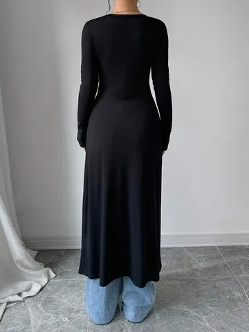 Women Long Sleeve Slim Fit Button Cardigan Ribbed Knit V-Neck Longline Top With Slit Hem Solid Color Fall Fashion Outerwear