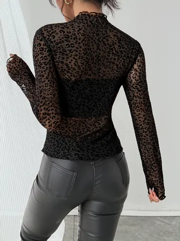 Top a Manica Lunga in Rete con Stampa Leopardata Sexy da Donna Slim Fit Collo Alto Blusa Trasparente Top Streetwear Abbigliamento Autunnale