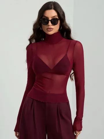 Women Slim Fit Long Sleeve Mesh T-Shirt Top Elegant Solid Color Mock Neck Polyester See-Through Base Layer Apparel