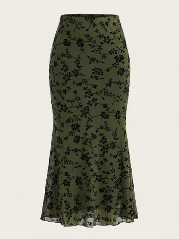 Women Elegant Dark Green Floral Mermaid Skirt High Waist Slim Fit Mid Length Bodycon Bottom For Casual Daily Wear Fashion Skirt