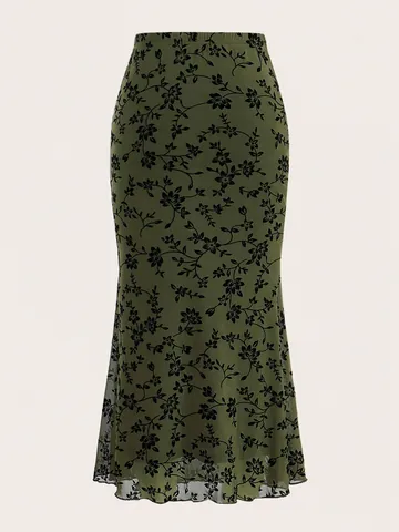 Women Elegant Dark Green Floral Mermaid Skirt High Waist Slim Fit Mid Length Bodycon Bottom For Casual Daily Wear Fashion Skirt