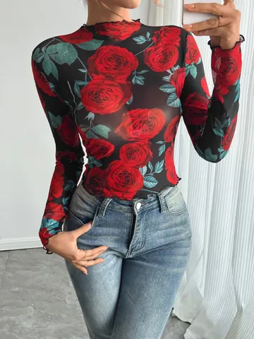 Women's Rose Floral Print Mesh Long Sleeve Mock Neck Top Slim Fit Transparent Polyester Printed T-Shirt Autumn Fashion
