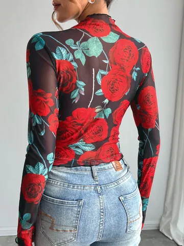 Women's Rose Floral Print Mesh Long Sleeve Mock Neck Top Slim Fit Transparent Polyester Printed T-Shirt Autumn Fashion