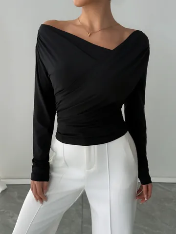 Women Elegant Slim Fit One Shoulder Long Sleeve Top Cross Wrap Off Shoulder Solid Color Commuter Polyester Fashion T-Shirt