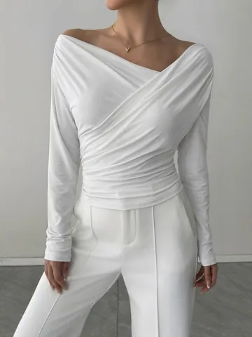 Women Elegant Slim Fit One Shoulder Long Sleeve Top Cross Wrap Off Shoulder Solid Color Commuter Polyester Fashion T-Shirt