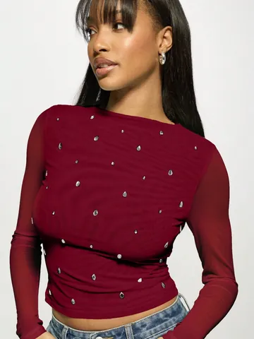 Women Elegant Double Layer Mesh T-Shirt Hot Drilling Long Sleeve Top Slim Fit Rhinestone Base Layer For Autumn Winter Wine Red