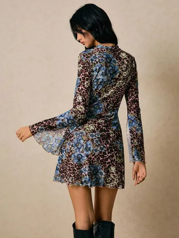 Women Double Layer Mesh Mini Dress Crew Neck Flare Slit Long Sleeve Slim Fit Leopard Floral Print Fashion Mesh Dress