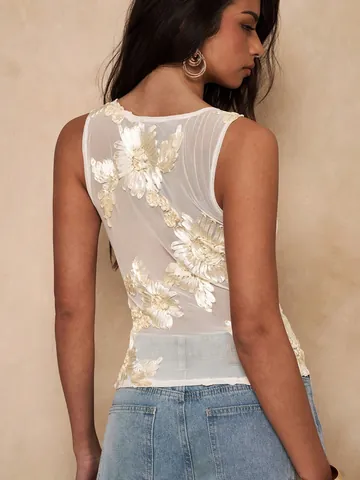 Women's Sexy Sheer Mesh Tank Top Floral Embroidered Slim Fit Sleeveless Pullover Elegant Polyester Vest Top For Party