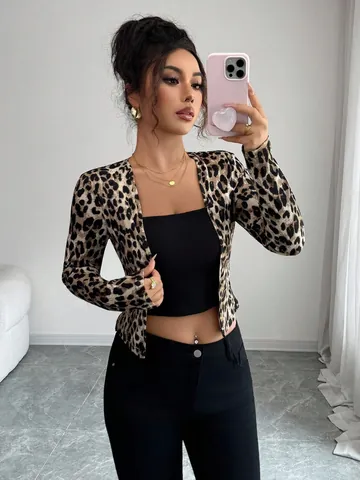 Damen Leopardenmuster Farbblock Zweiteiler Top-Set Strickjacke Und Unterhemd Polyester Gestrickt Langarm Elegant Pendeln Kleidung
