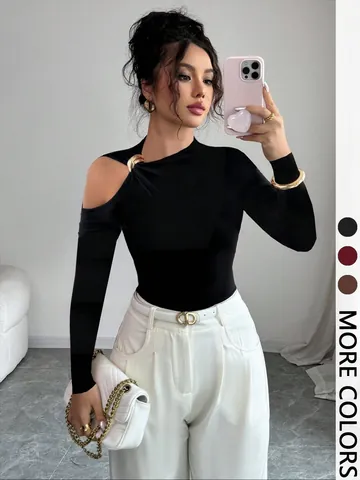 Women Asymmetrical Neckline Cold Shoulder Top Slim Fit Knitted Long Sleeve Blouse With Metal Ring Solid Color Elegant Commute Rayon T-Shirt