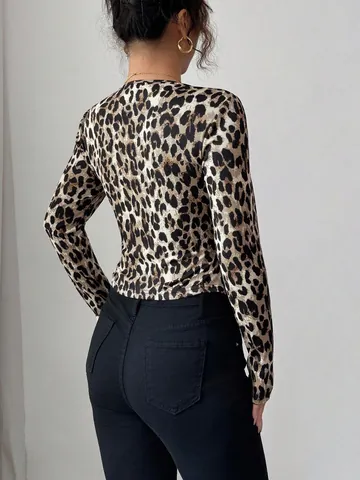 Damen Leopardenmuster Farbblock Zweiteiler Top-Set Strickjacke Und Unterhemd Polyester Gestrickt Langarm Elegant Pendeln Kleidung