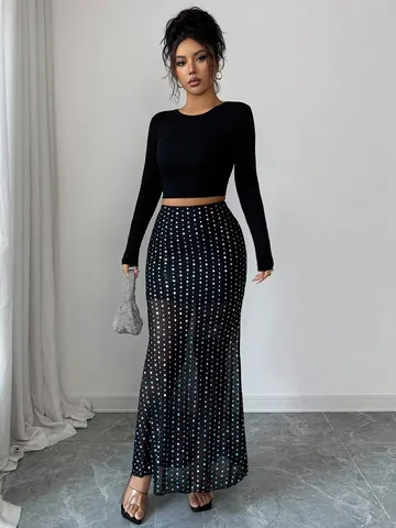 Gonna Lunga da Donna Elegante a Vita Alta in Rete con Paillettes Pois Foratura a Caldo Doppio Strato Coda di Pesce Vestibilità Slim per Vacanza Festa