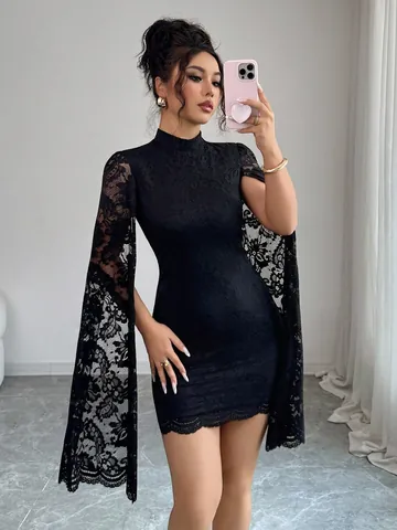 Women Sexy Lace Mini Dress Elegant Stand Collar Split Long Cape Sleeve Floral Pattern Slim Fit Black Dress For Party Banquet