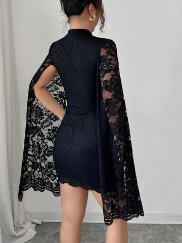 Women Sexy Lace Mini Dress Elegant Stand Collar Split Long Cape Sleeve Floral Pattern Slim Fit Black Dress For Party Banquet