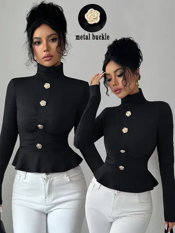 Top Elegante da Donna a Collo Alto e Maniche Lunghe T-shirt Peplum Slim Fit con Fibbia in Metallo a Rosa Tinta Unita Autunno