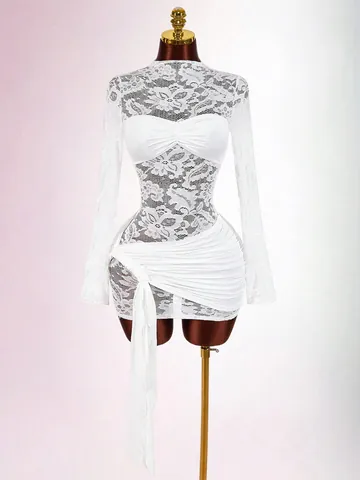 Women Sexy Lace Splicing Mesh Mock Neck Long Sleeve Ruched Tie Bodycon Mini Dress Slim Fit Night Out Club Party White Dress