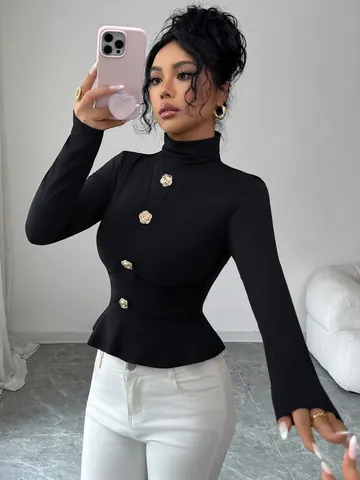Top Elegante da Donna a Collo Alto e Maniche Lunghe T-shirt Peplum Slim Fit con Fibbia in Metallo a Rosa Tinta Unita Autunno