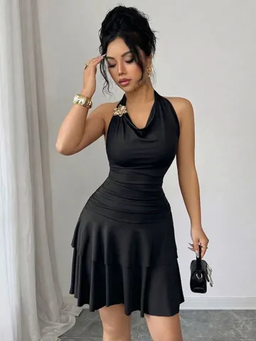 Women Sexy Black Halter Neck Ruched Bodycon Dress Metal Buckle Tiered Hem Slim Fit Sleeveless Party Mini Dress