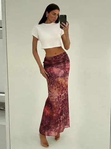 Women High Waist Mesh Mermaid Skirt Retro Floral Leopard Print Bodycon Long Bottom For Summer Vacation Elegant Clothing