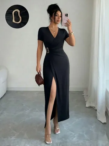 Women Sexy V-Neck Ruched Waist Maxi Dress Elegant Solid Black Metal Buckle High Slit Bodycon Long Dress Party Evening Vestidos