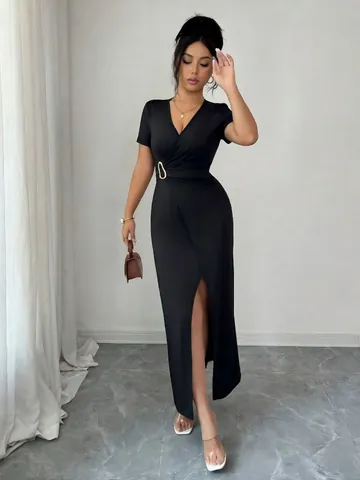 Women Sexy V-Neck Ruched Waist Maxi Dress Elegant Solid Black Metal Buckle High Slit Bodycon Long Dress Party Evening Vestidos