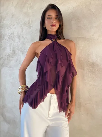 Women Sexy Purple Halter Neck Mesh Top Sleeveless Sheer Ruffle Layered Blouse For Summer Party Night Club Fashion Top
