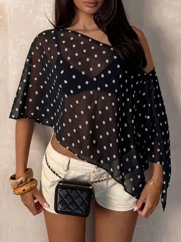 Women Casual Polka Dot Chiffon Top Asymmetric Single Shoulder Off-Shoulder Loose Irregular Hem Pullover Summer Blouse Top