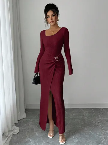 Women Elegant Irregular Neckline Knit Maxi Dress Long Sleeve High Slit Ruched Waist Metal Buckle Solid Color Party Dress