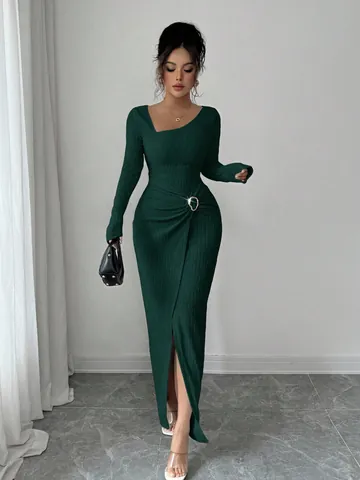 Women Elegant Irregular Neckline Knit Maxi Dress Long Sleeve High Slit Ruched Waist Metal Buckle Solid Color Party Dress
