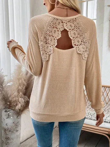 Women's Elegant V-Neck Long Sleeve Ribbed Knit Top With Back Lace Splicing Hollow Out Raglan Sleeve T-Shirt