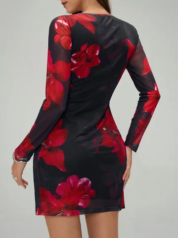 Women Floral Print Mesh Long Sleeve Bodycon Mini Dress Round Neck Elegant Sexy Spring Clubwear Party Dress