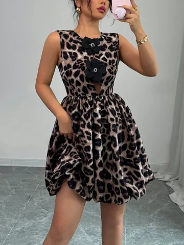 Robe sans Manches Imprimé Léopard pour Femme avec Décoration de Fleurs 3D Robe Midi Plissée en Ligne A Élégante pour Fête
