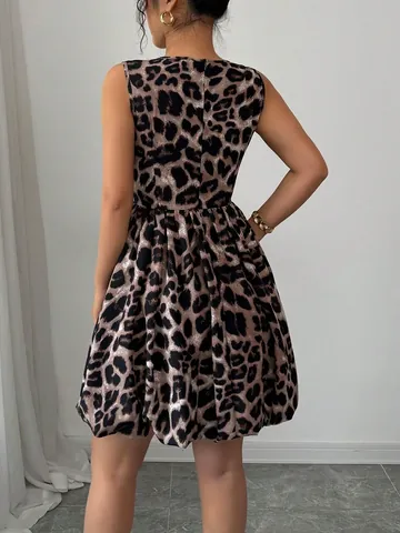Robe sans Manches Imprimé Léopard pour Femme avec Décoration de Fleurs 3D Robe Midi Plissée en Ligne A Élégante pour Fête