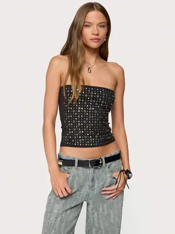 Women's Street Retro Metal Rivet Rhinestone Tube Top Sexy Backless Slim Fit Sleeveless Black Bandeau Crop Top For Party