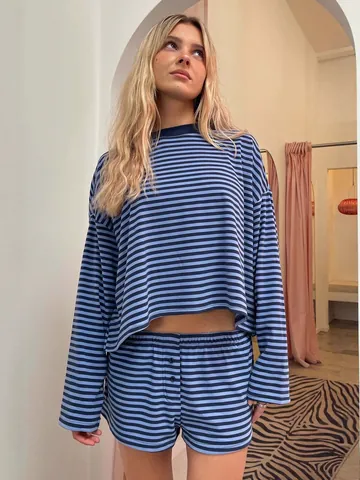 Women Striped Long Sleeve Top And Bottom Shorts Set Retro Lazy Style Polyester Spandex Casual Loungewear Outfit