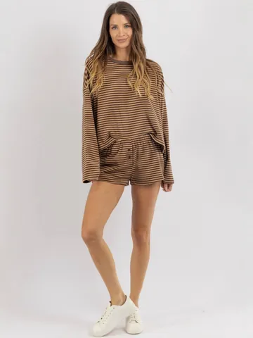 Women Striped Long Sleeve Top And Bottom Shorts Set Retro Lazy Style Polyester Spandex Casual Loungewear Outfit
