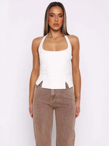 Vrouwen Sexy Halternek Tanktop Vierkante Hals Slim Fit Zijsplit Corset Stijl Streetwear Mouwloze Effen Kleur Polyester Top