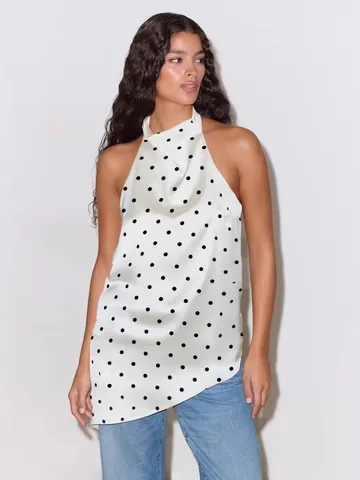 Top de Lunares para Mujer con Cuello Halter y Espalda al Aire Sexy Estilo Francés Chaleco de Satén Poliéster Top de Fiesta