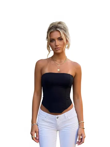 Women Sexy Strapless Corset Top Fishbone Boning Lace Up Backless Slim Fit Fashion Party Clubwear Tube Top Solid Color